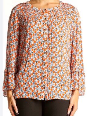 Maeve Anthropologie Orange Fruit Print Button Front Ruffle Bell Sleeve Blouse M